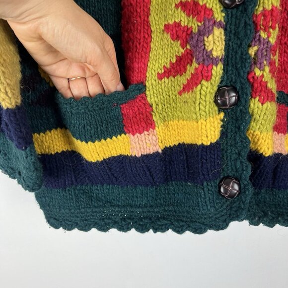 Quichua Maqui Hand Knit Sz L Heavyweight Chunky Wool Cardigan Patchwork Granny - Picture 3 of 7